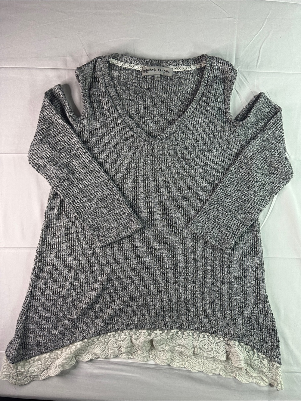 Absolutely Famous Gray Cold-Shoulder V-Neck Sweater with Lace Hem